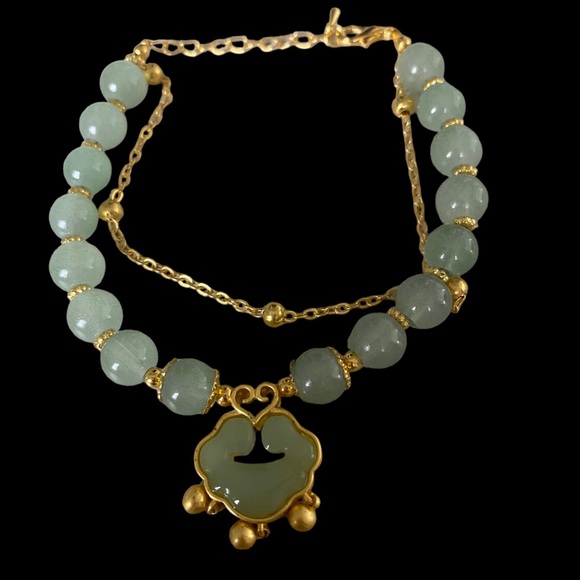 GREEN JADE/925 GOLD TRADITIONAL CHINESE BRACELET W/ JADE LOTUS DROP - Picture 10 of 11